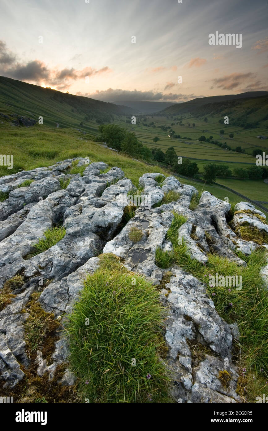 Un affioramento di pavimentazione di pietra calcarea con una vista lungo la linea a forma di u in valle di Wharfedale superiore nel Yorkshire Dales National Park Foto Stock