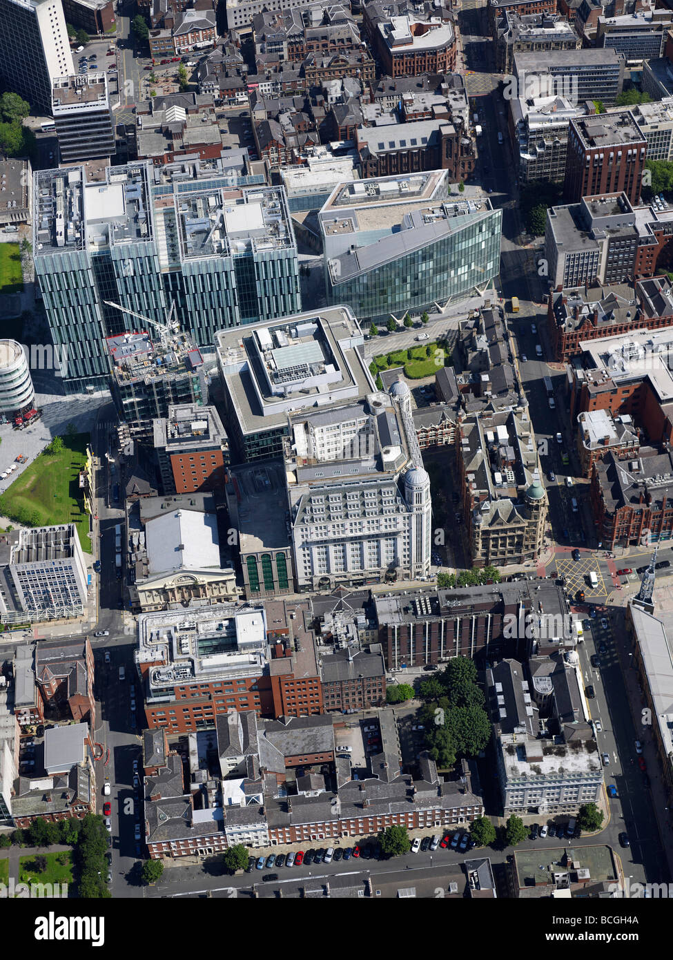 Il centro della città di Manchester, Quay Street e la zona business, dall'aria, luglio 2009, l'Inghilterra settentrionale Foto Stock