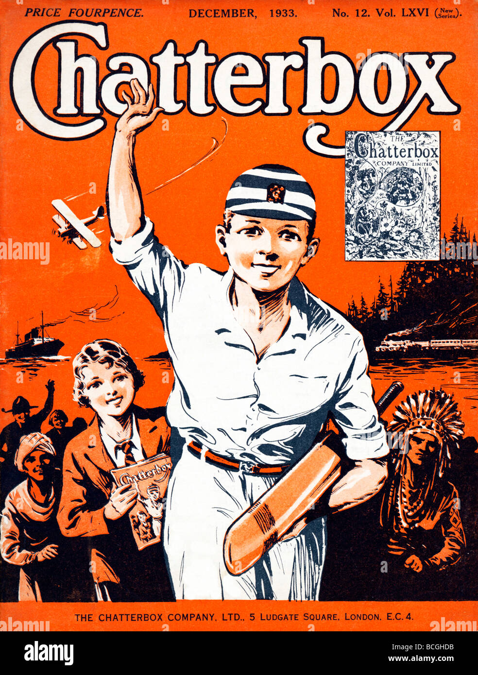 Chatterbox Cricket 1933 copertina della rivista per bambini con un giovane cricketer leader di altri personaggi dalle sue pagine Foto Stock