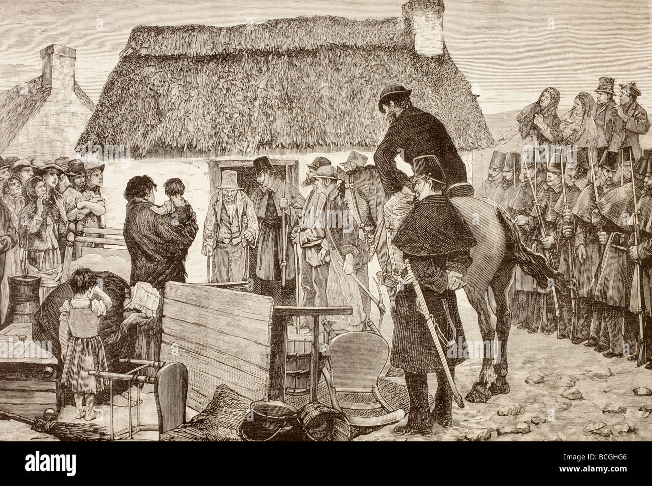 Poveri Tennant essendo stati sfrattati dalla loro casa durante la Irish National Land League crisi. Foto Stock