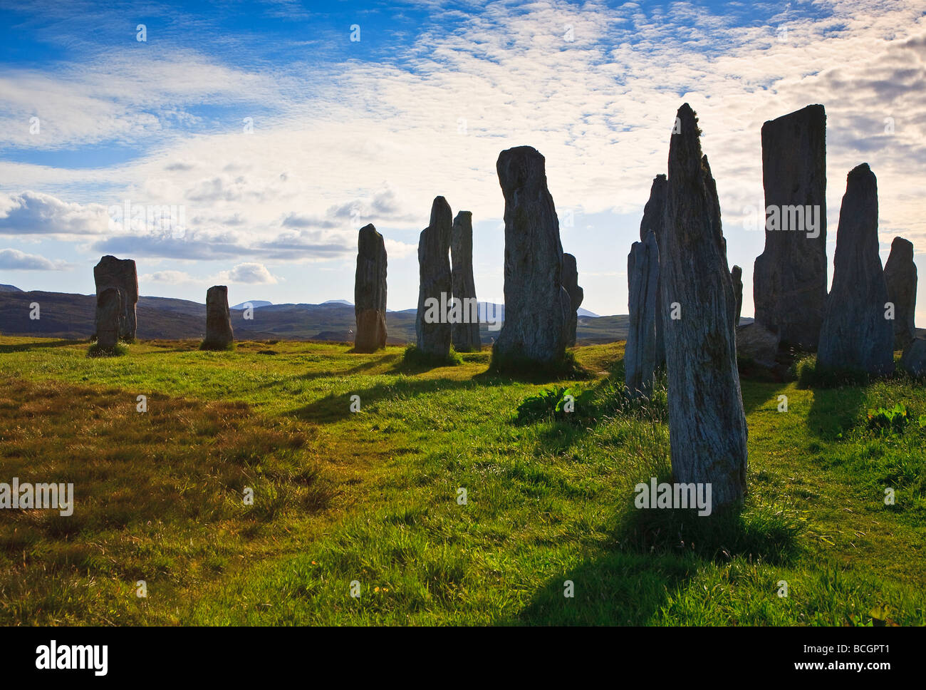 Callanish standing stone circle, isola di Lewis, Ebridi Esterne, Scotland, Regno Unito. 2009 Foto Stock