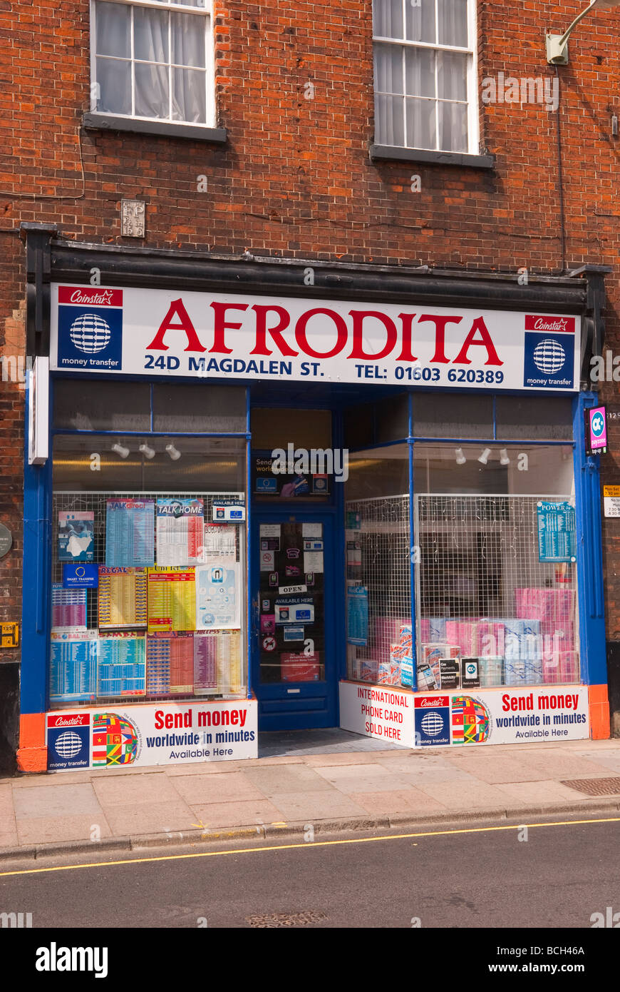 Afrodita il trasferimento di denaro shop store in Norwich Norfolk Regno Unito Foto Stock