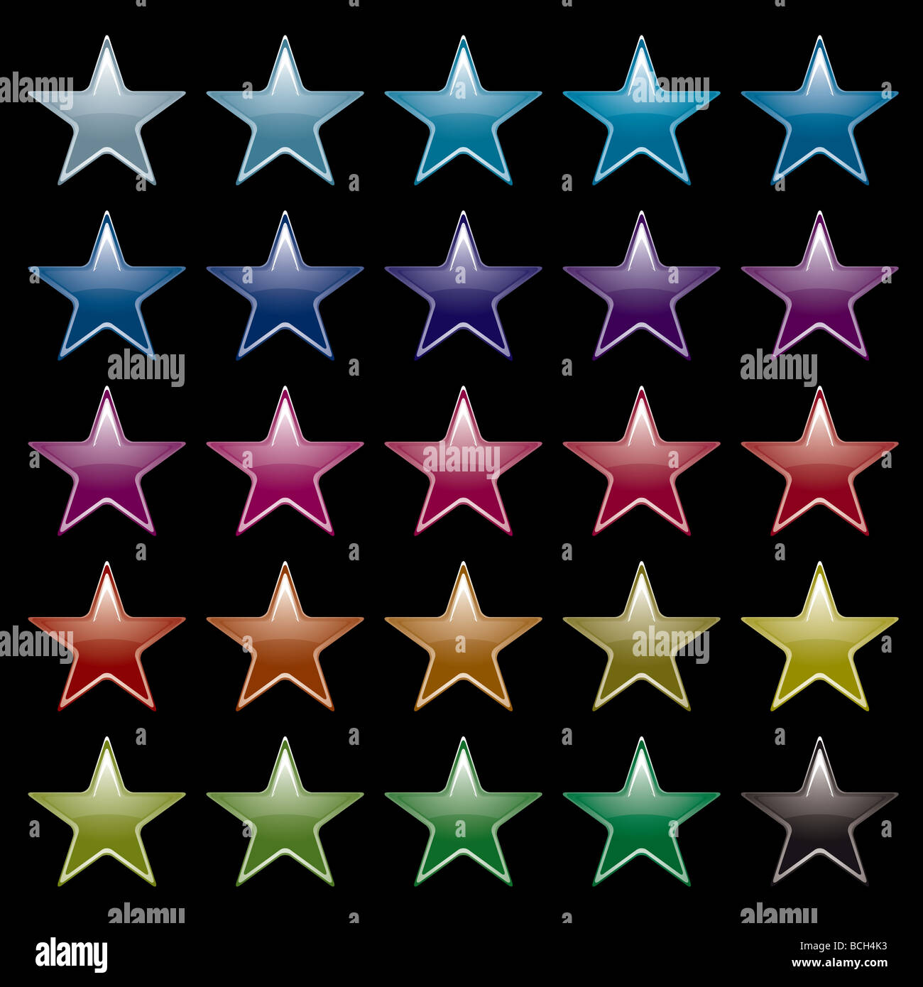 Raccolta delle colorate icone a stella con sfondo nero Foto Stock