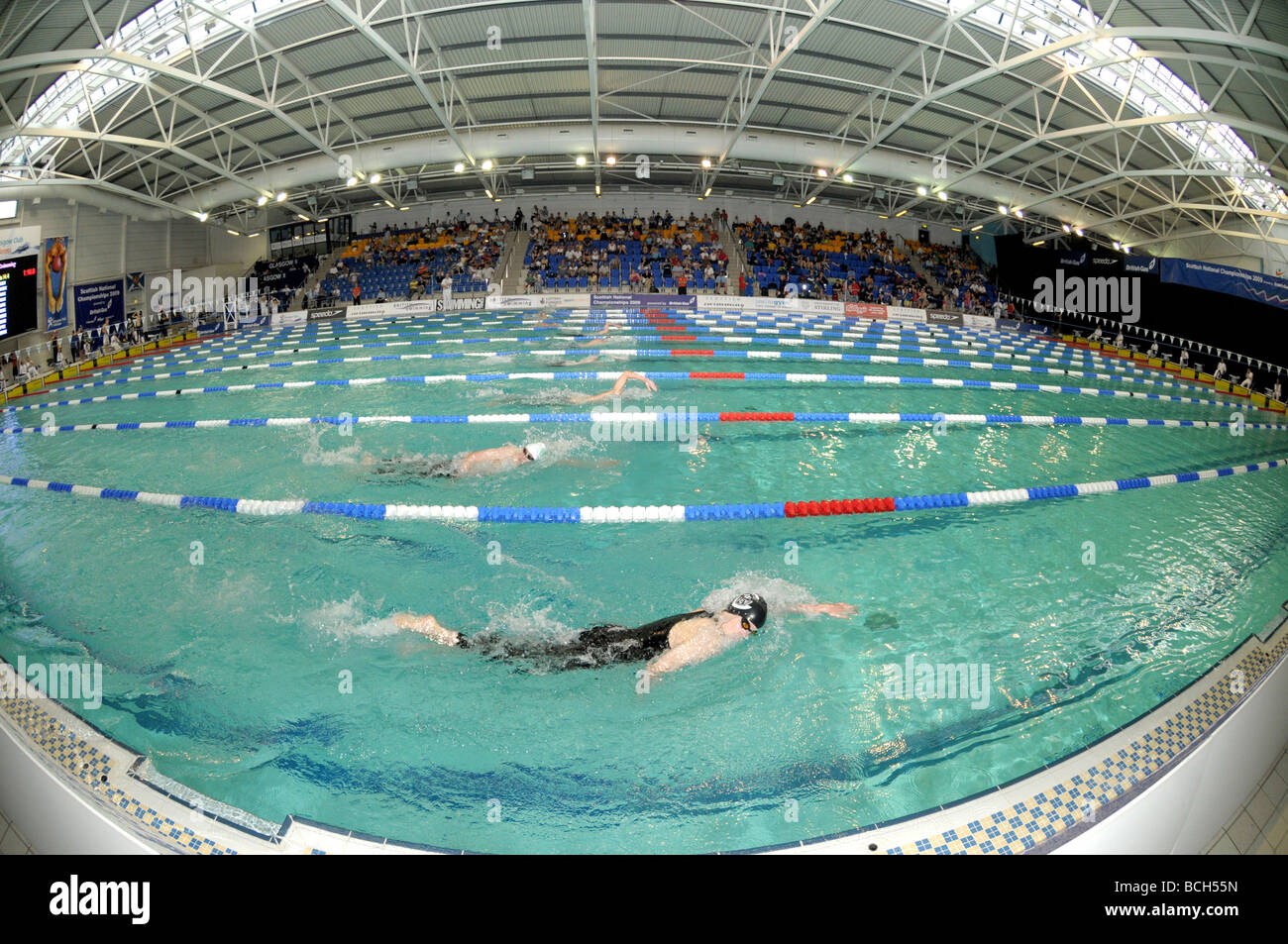 Il nuoto della concorrenza a un indoor arena in Scozia. Foto Stock