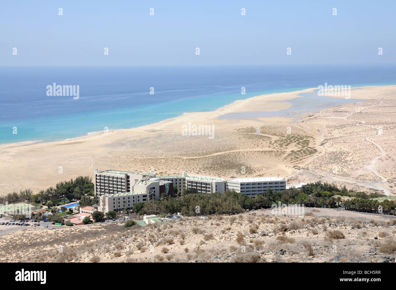 Vista aerea della spiaggia di Sotavento, Isola Canarie Fuerteventura, Spagna Foto Stock