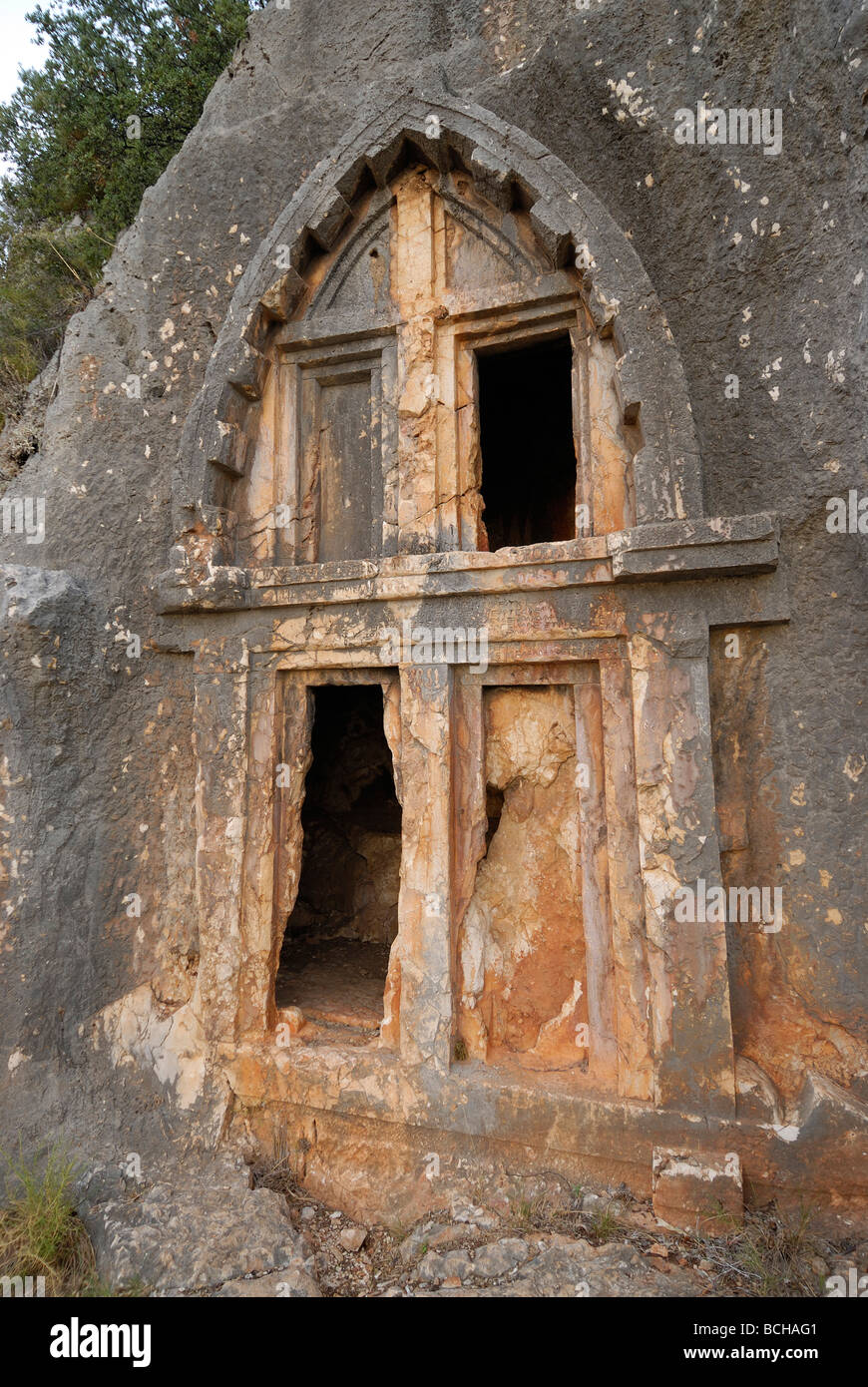 Lycian antica tomba di roccia vicino a Kas Kas Lycia Regione Mar Mediterraneo Turchia Foto Stock