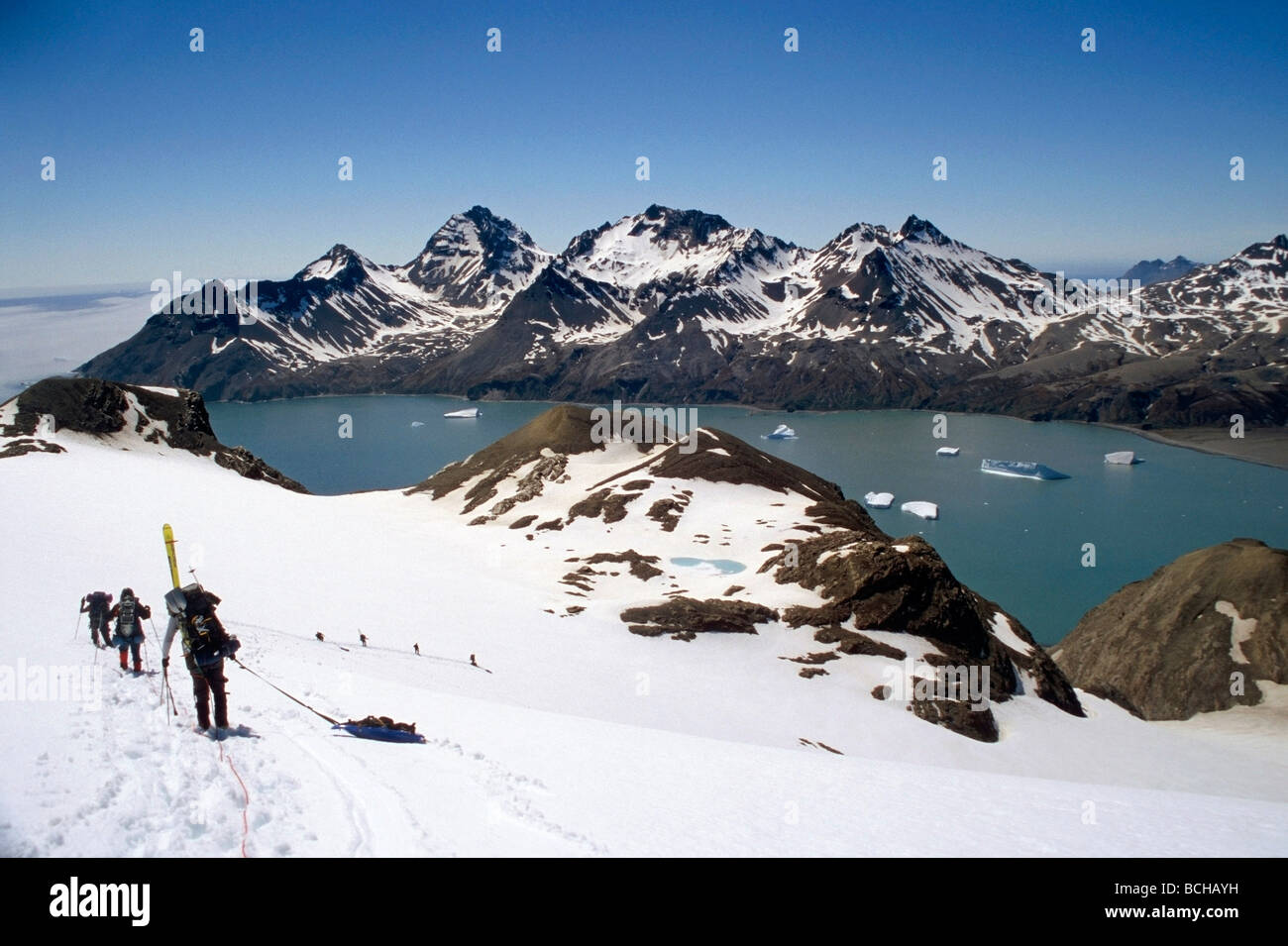 Gli alpinisti scendendo sulla linea della fune attraverso la neve profonda per Fortuna Bay Isola Georgia del Sud Antartico estate Foto Stock