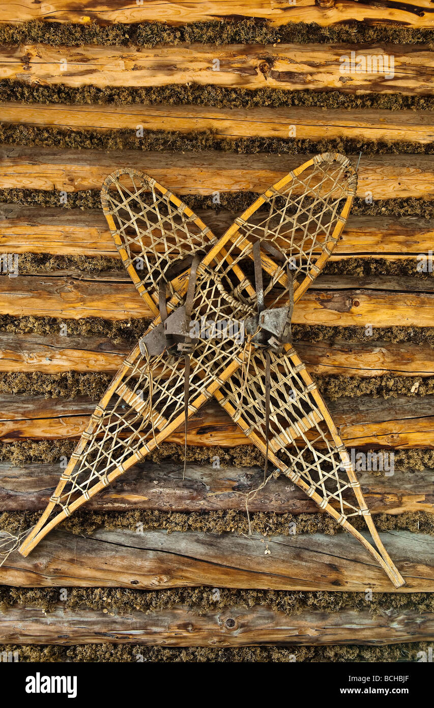 Neve tradizionali pattini usurati dal' atabasco indiani appeso su un log la parete della cabina, Alaska Foto Stock