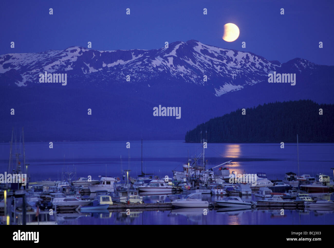 Lunar Eclipse su Auke Bay Boat Harbour SE Alaska Admiralty Estate è Foto Stock