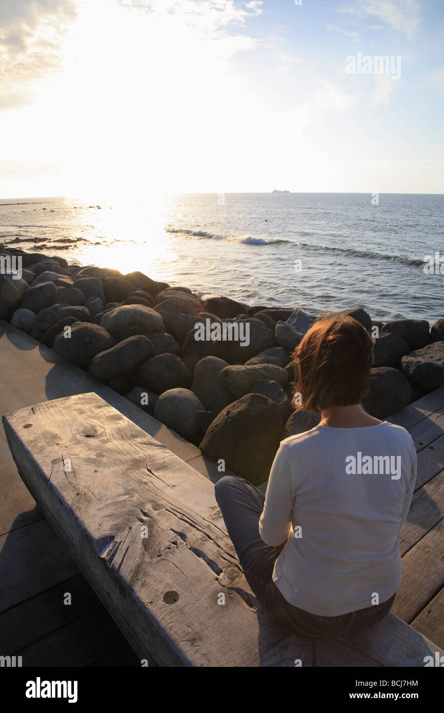 Donna seduta sul banco dal lato mare, Nuova Zelanda Foto Stock