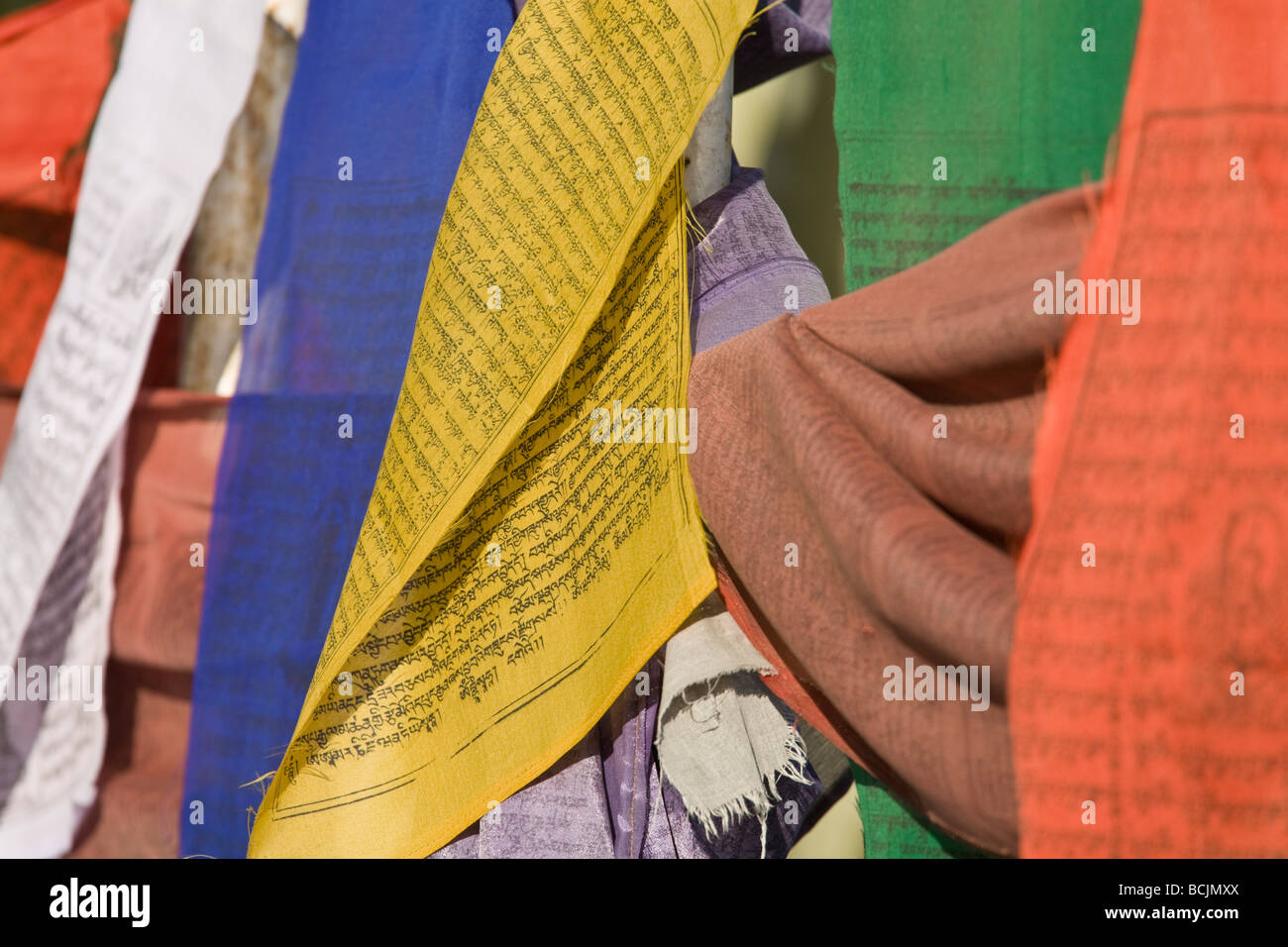 India, Sikkim, ortografia, Pemmayangtse Gompa, bandiere di preghiera Foto Stock