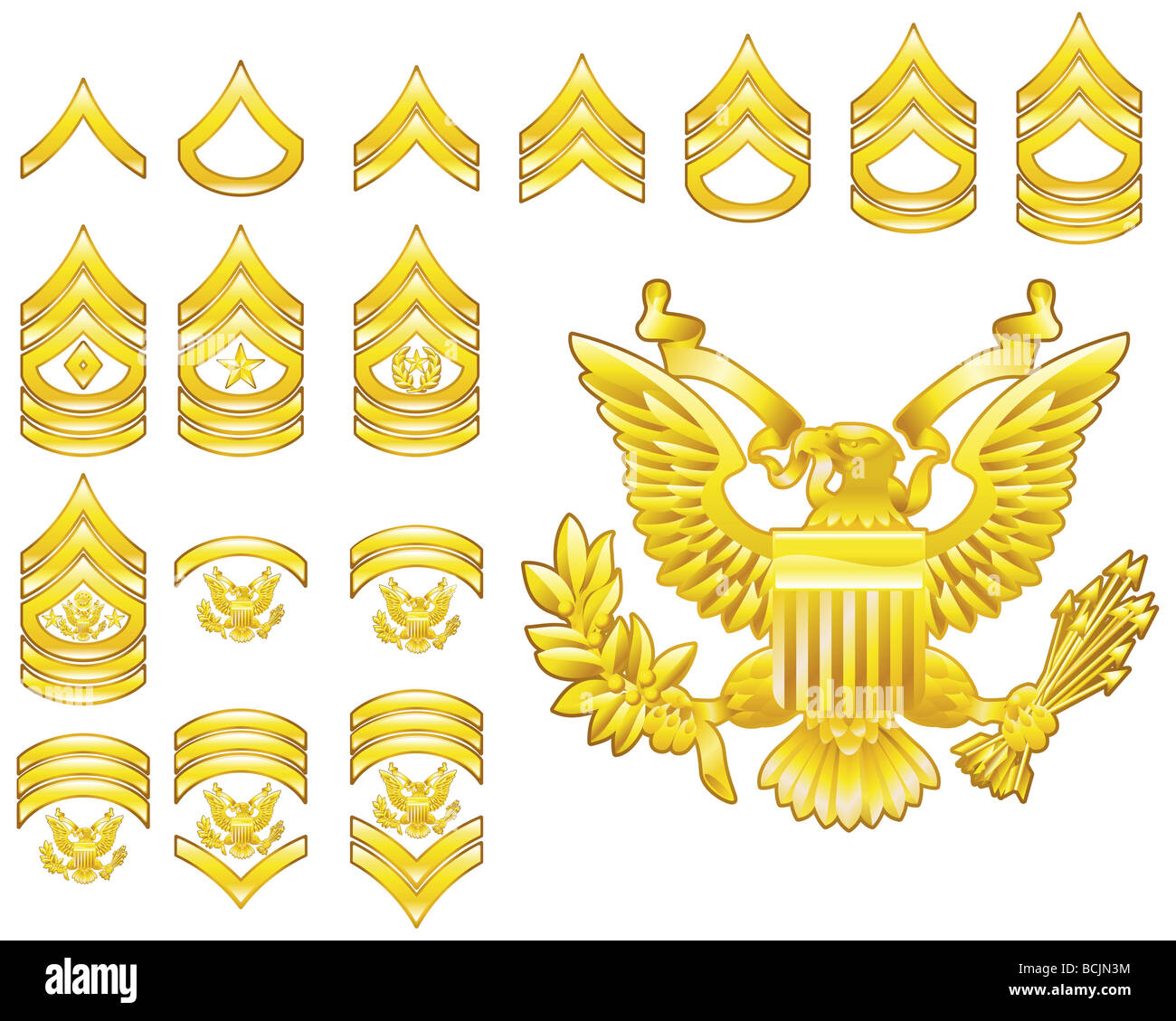 Set di militari dell esercito americano arruolato rank insignia icone Foto Stock