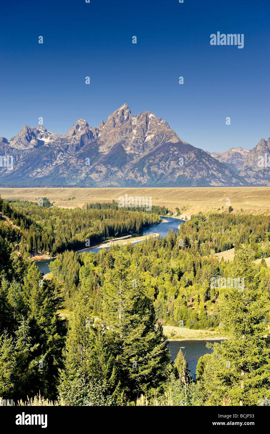 Snake River si affacciano e Teton Mountain Range, il Parco Nazionale del Grand Teton, Wyoming USA Foto Stock