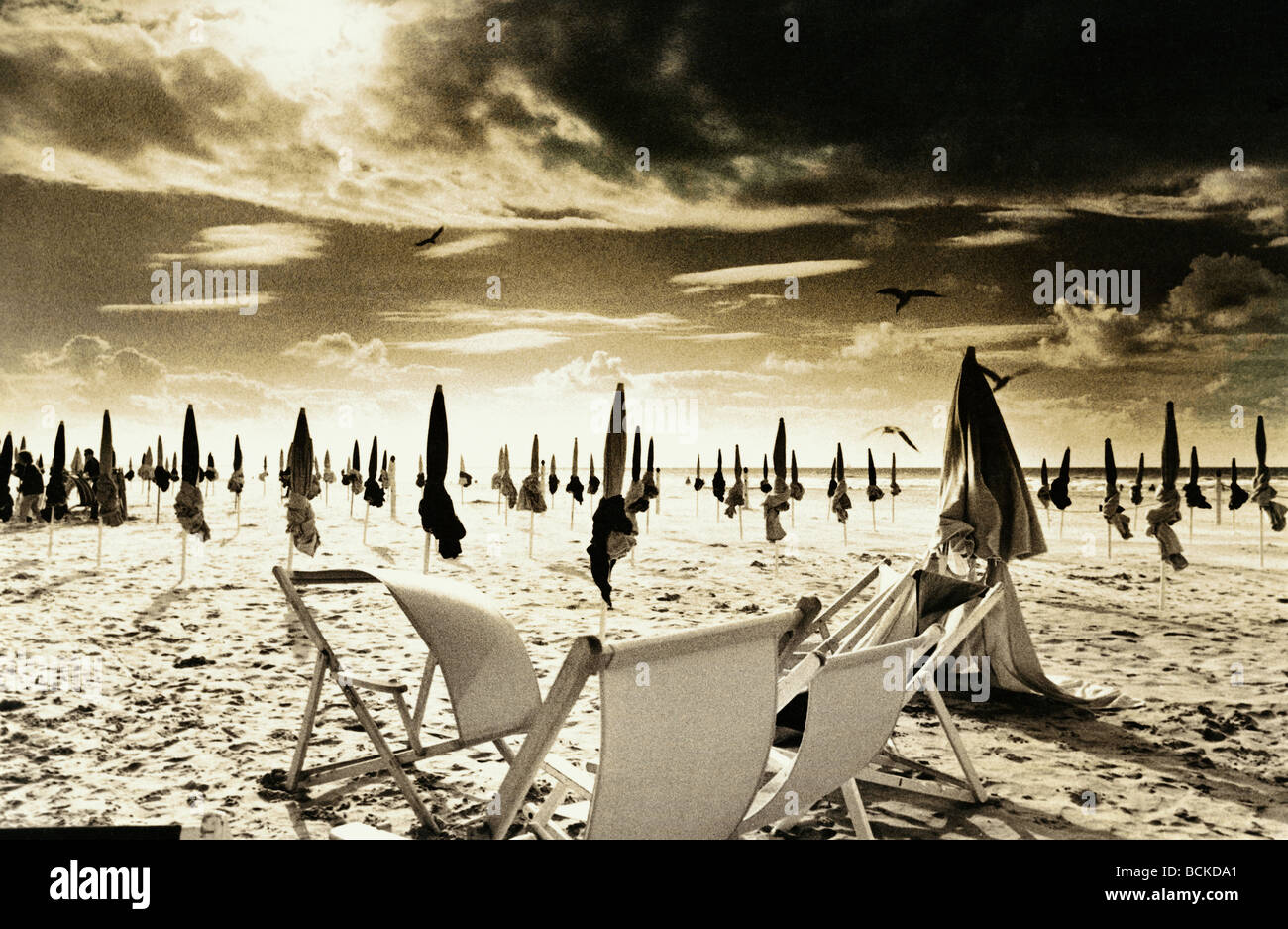 Chiuso ombrelloni e sedie a sdraio sulla spiaggia, b&W, tonica Foto Stock