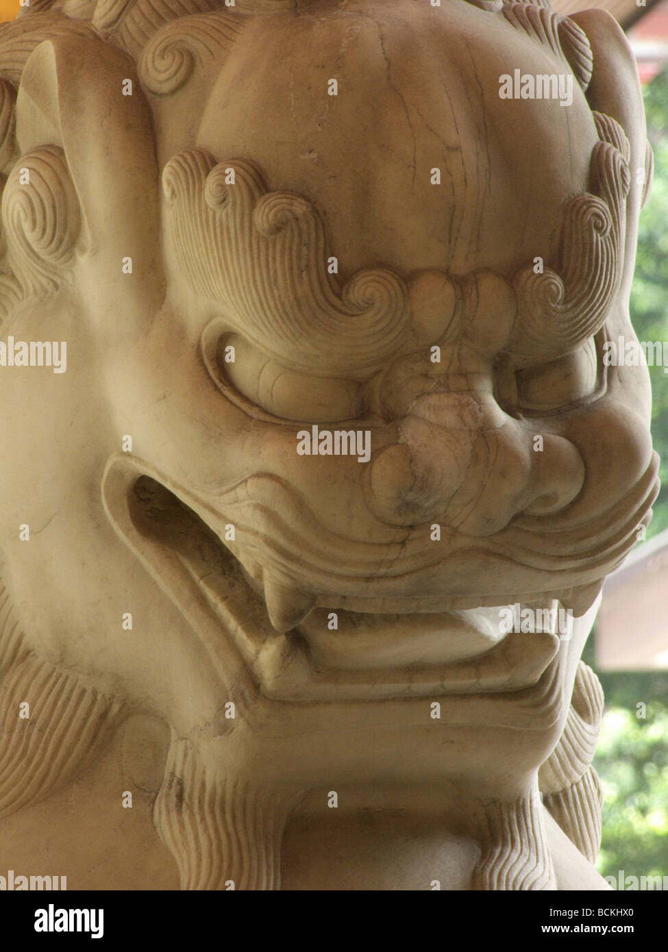 Cina Hong Kong Chinese leone di pietra statua presso la Banca di Cina building a guardia della banca Foto Stock