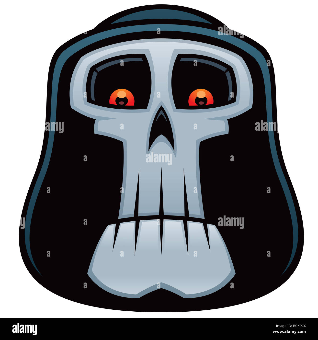 Vector cartoon illustrazione del Grim Reaper. Angelo della morte il cranio con gli occhi rossi e il cofano. Foto Stock