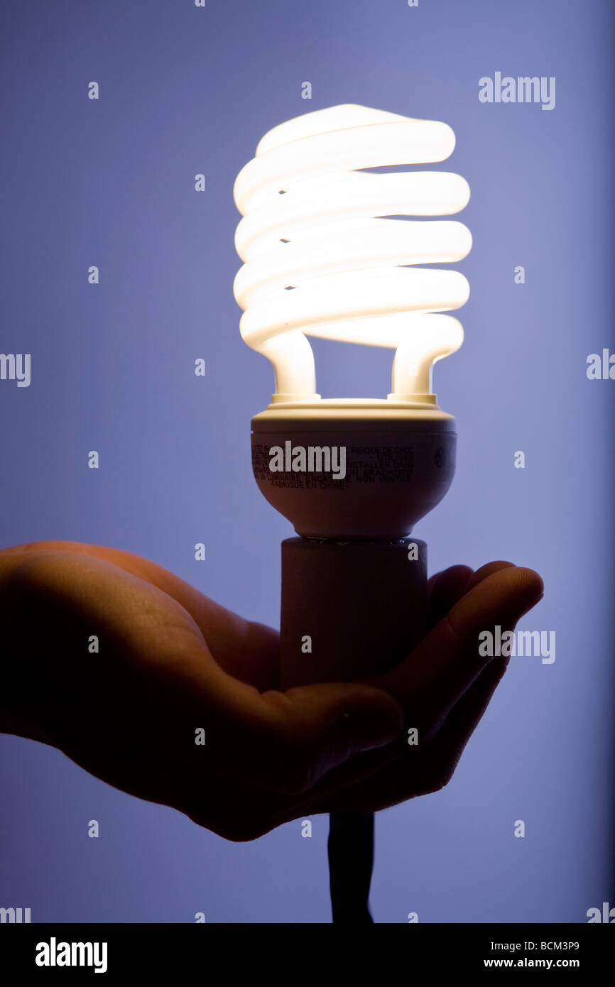 Mano che tiene una nuova energia efficiente compatto per lampade fluorescenti Foto Stock