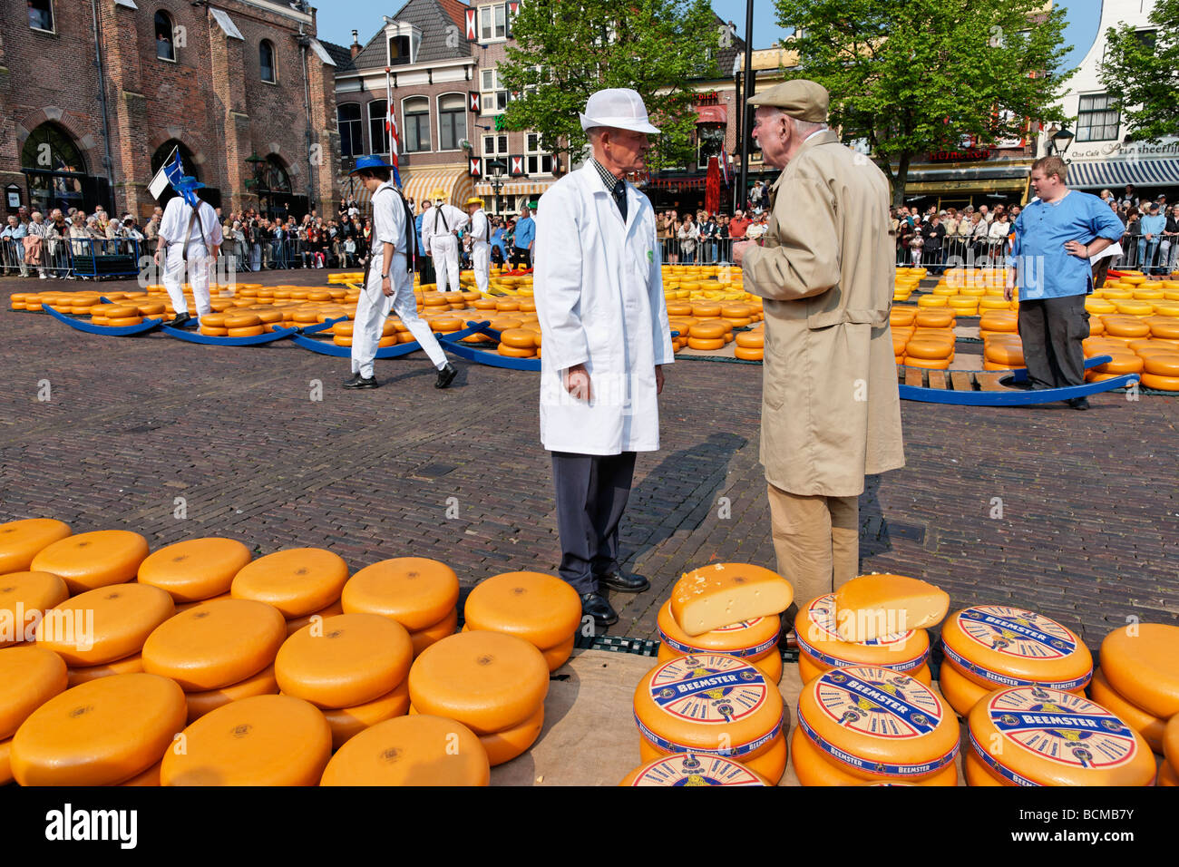 Commercianti di formaggio a Alkmaar Cheesemarket, Alkmaar, North Holland, Paesi Bassi. Foto Stock