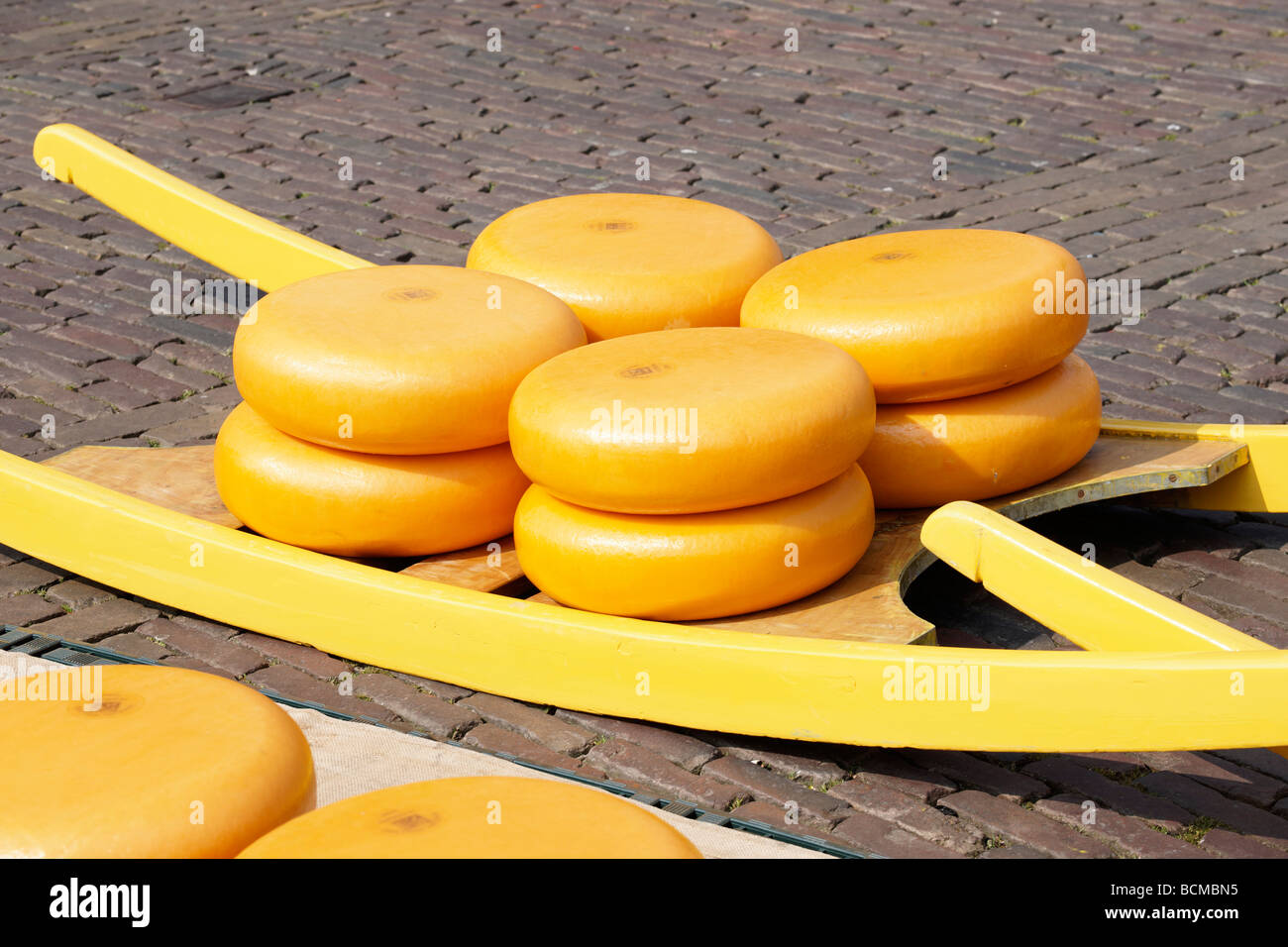 Noord Hollandse formaggio Gouda su un giallo barrow a Alkmaar Cheesemarket, Alkmaar, North Holland, Paesi Bassi. Foto Stock