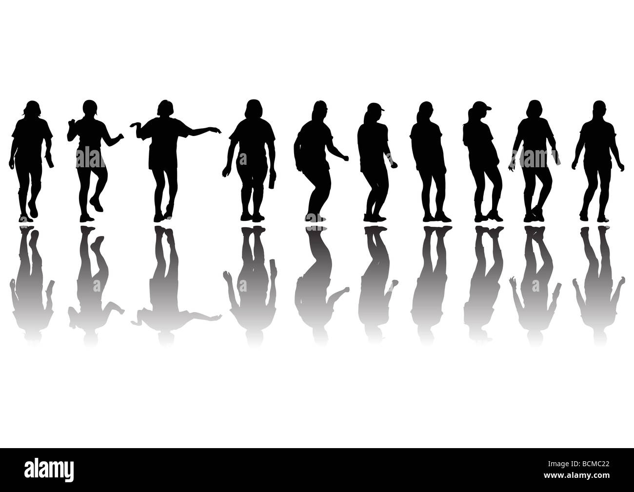 Gruppo di inadatti alle donne in silhouette facendo esercizi di aerobica Foto Stock