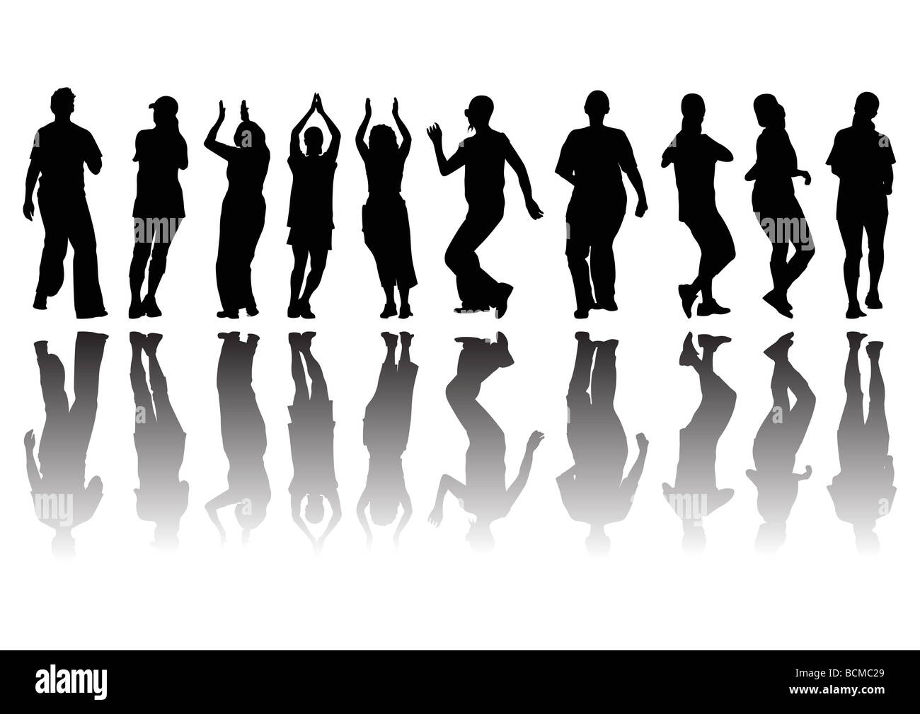 Gruppo di inadatti alle donne in silhouette facendo esercizi di aerobica Foto Stock