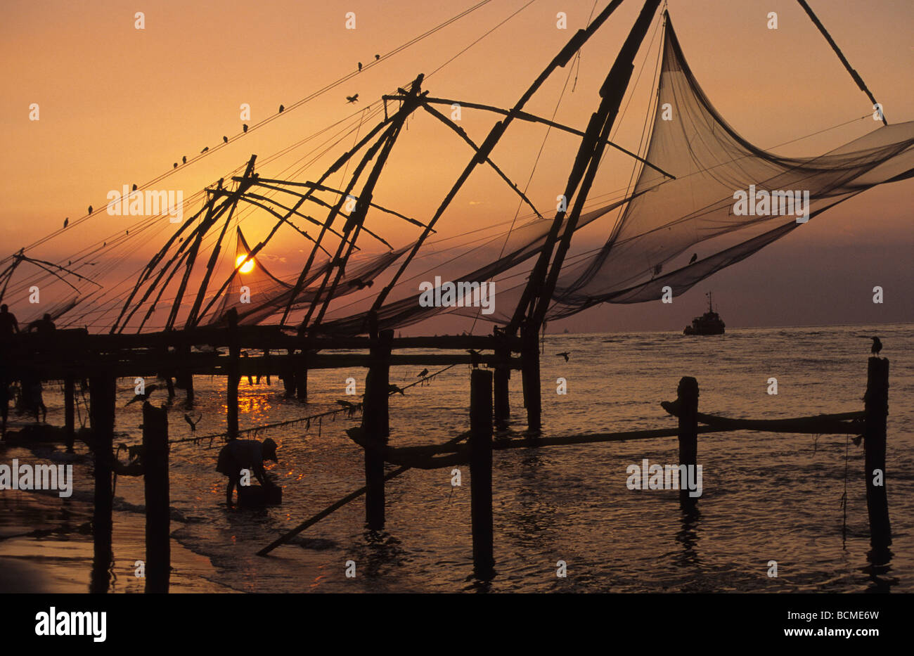 Cinese al tramonto le reti da pesca Fort Cochin Cochi Kerala India Foto Stock