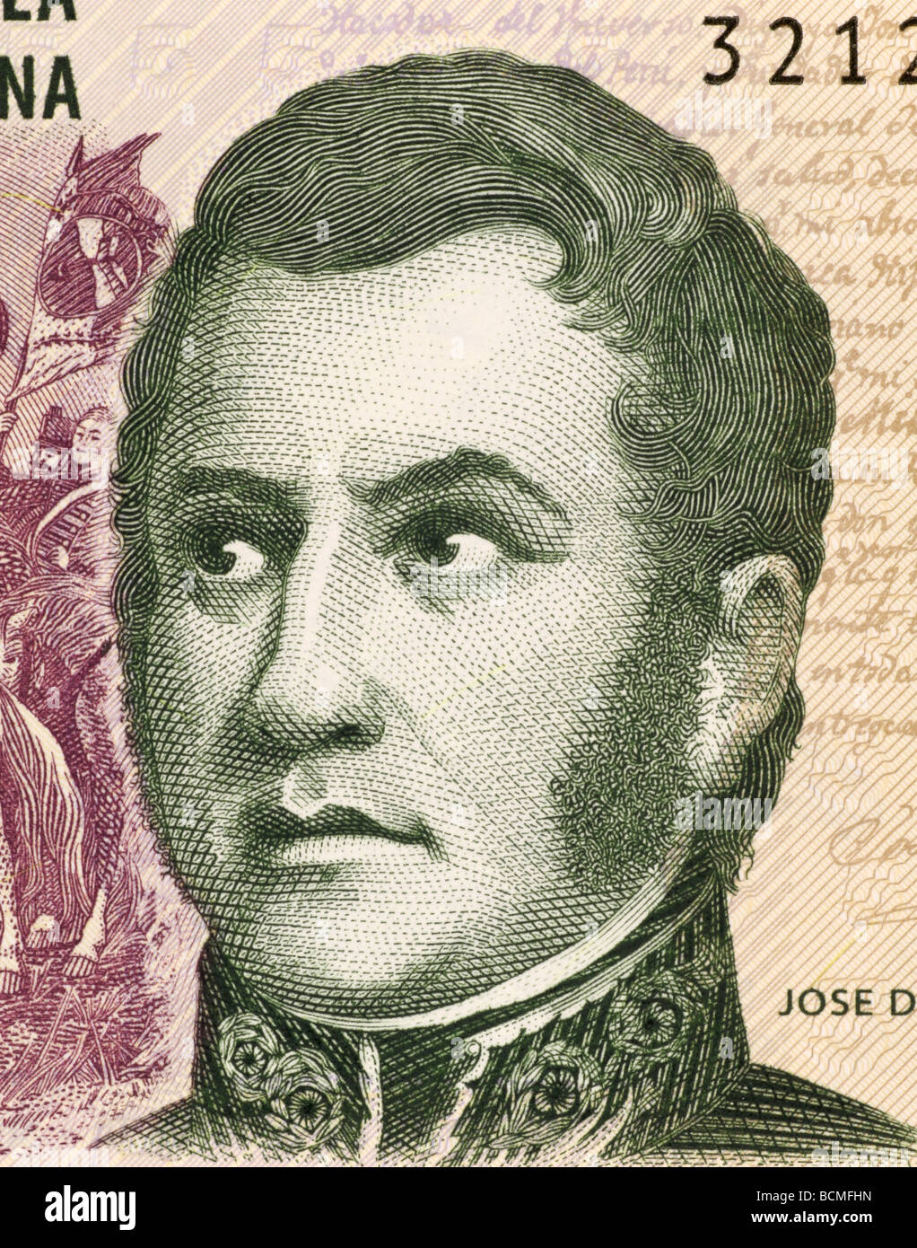 Jose de San Martin su 5 pesos 2003 banconota dall Argentina Foto Stock