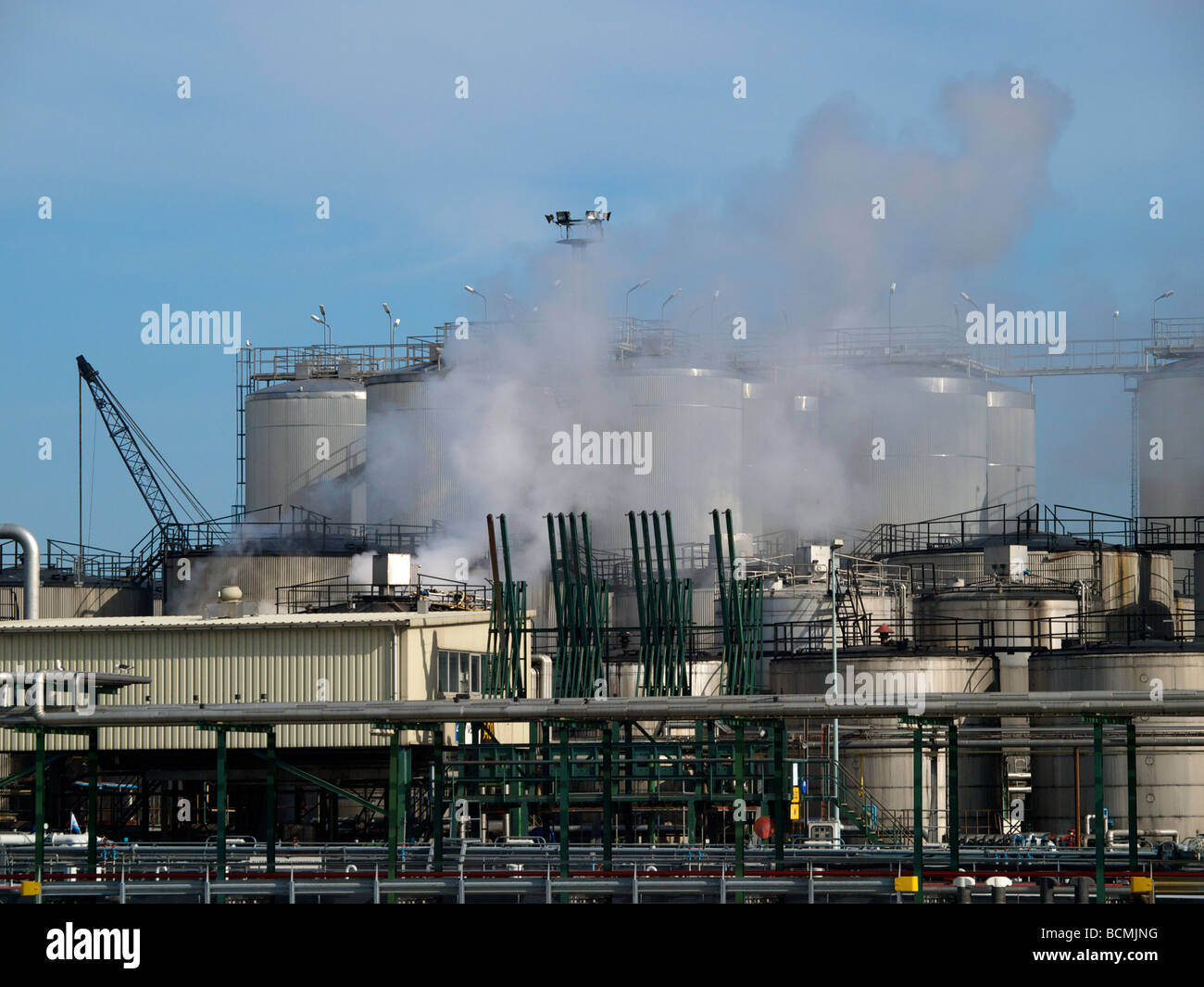 Impianto petrolchimico nel porto di Rotterdam Zuid Holland i Paesi Bassi con il blu del cielo e la fuoriuscita di cloud Foto Stock