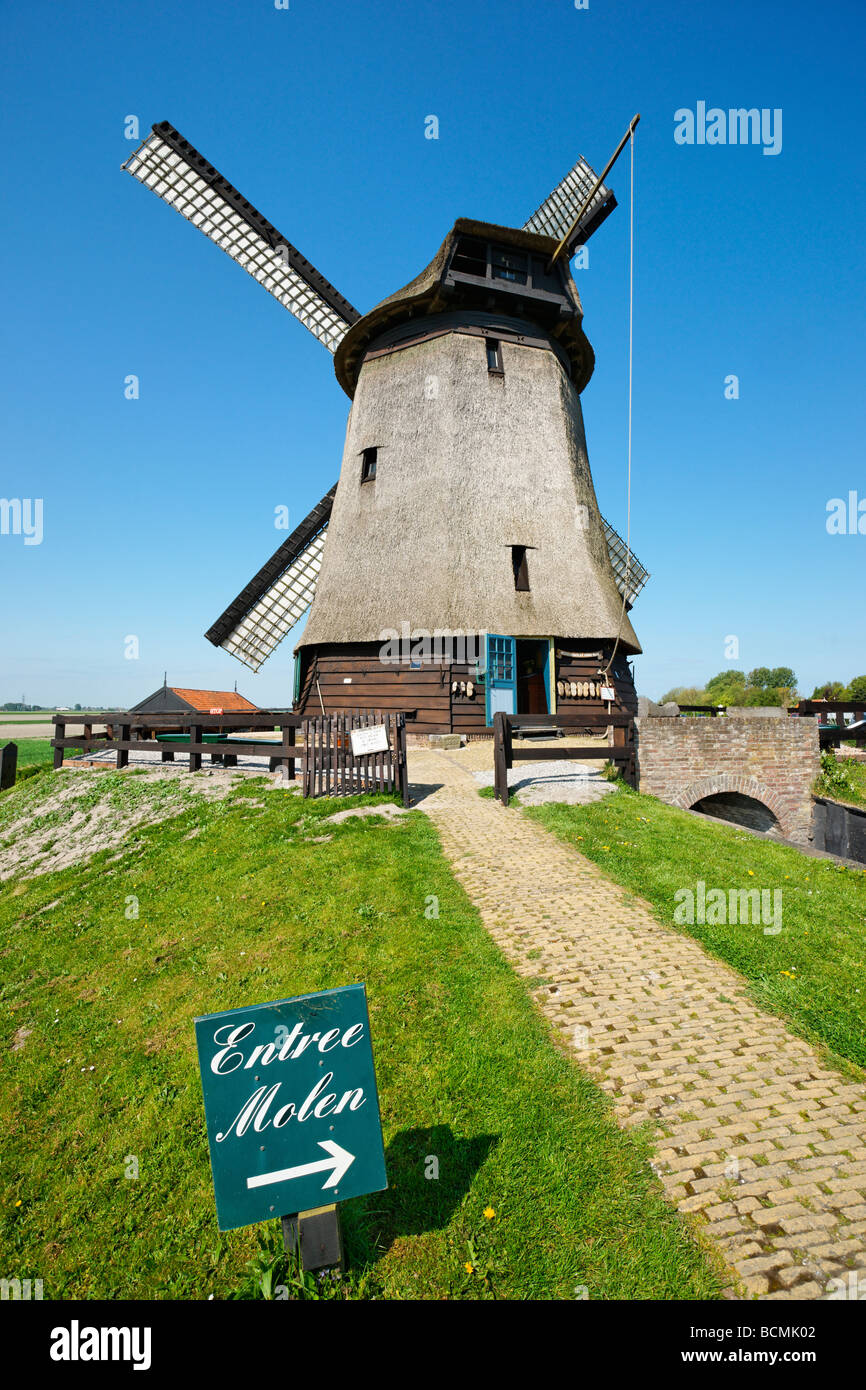 Polder presso il mulino a vento di Schermerhorn Museummolen, North Holland, Paesi Bassi. Foto Stock