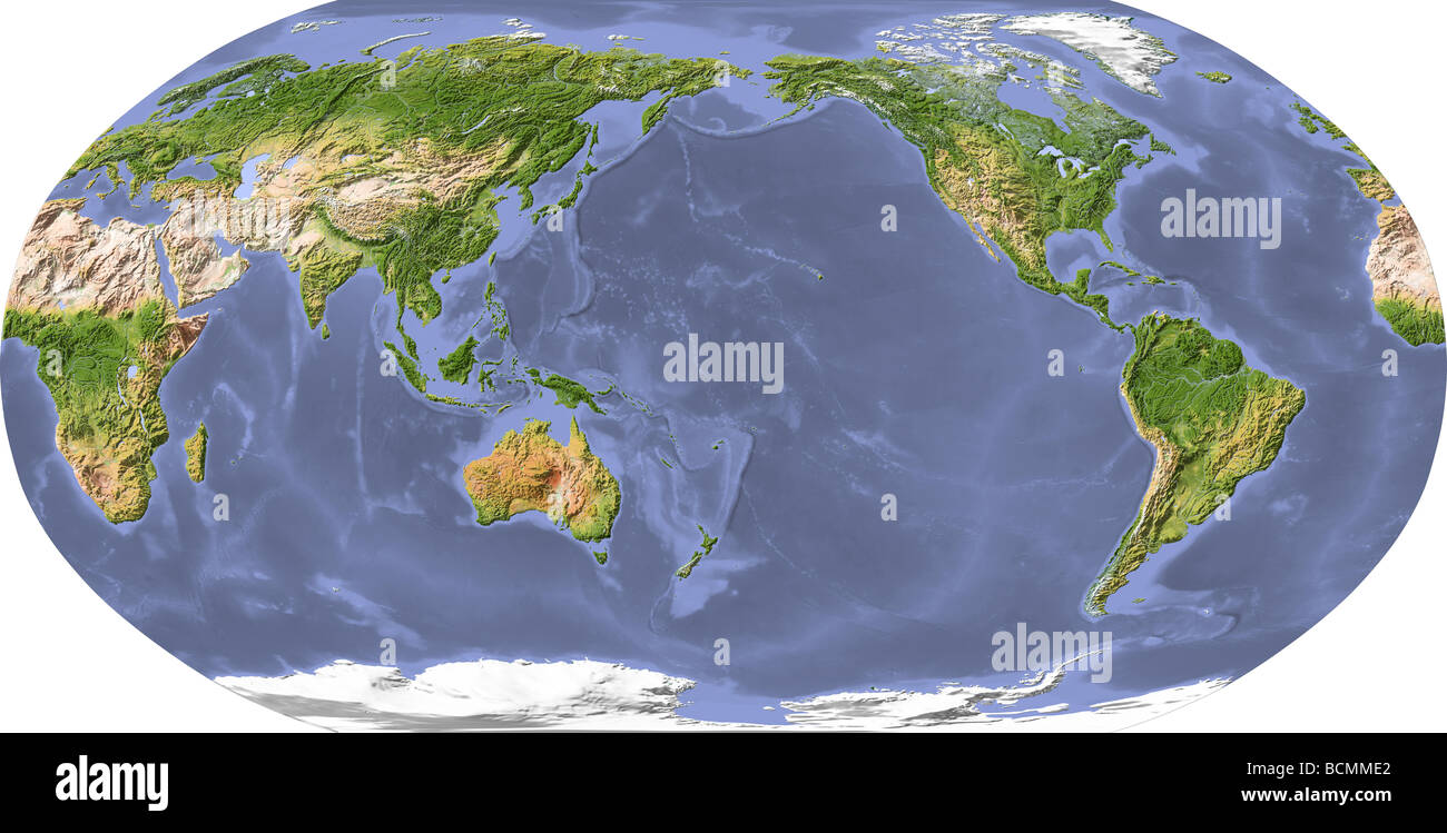 Mappa del mondo, Rilievo ombreggiato, centrato sul Pacifico. Foto Stock
