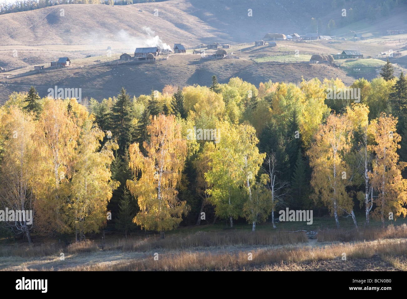 Villaggio Hemu in Altai Mountain, Xinjiang Uyghur Regione autonoma, Cina Foto Stock