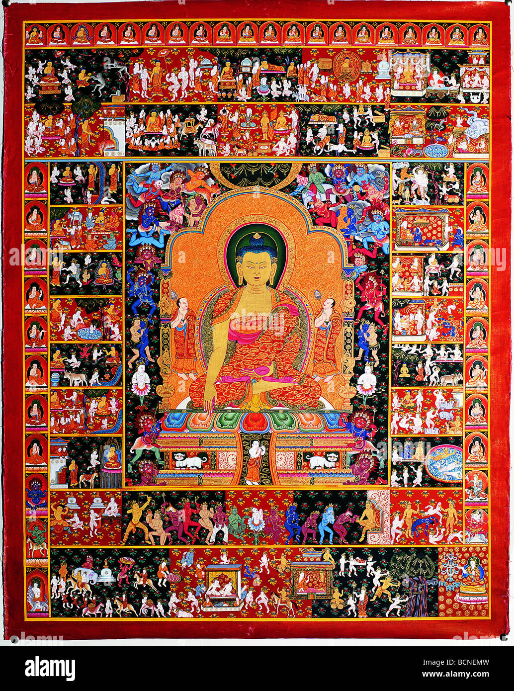 Tangka raffigurante la storia della vita di Buddha, Tibet, Cina Foto Stock