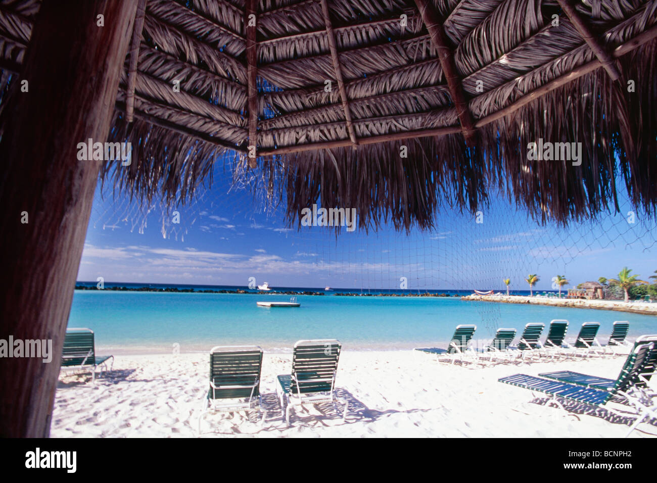 Vista di una spiaggia da sotto un ombrello Palapa Iguana Beach Aruba Foto Stock