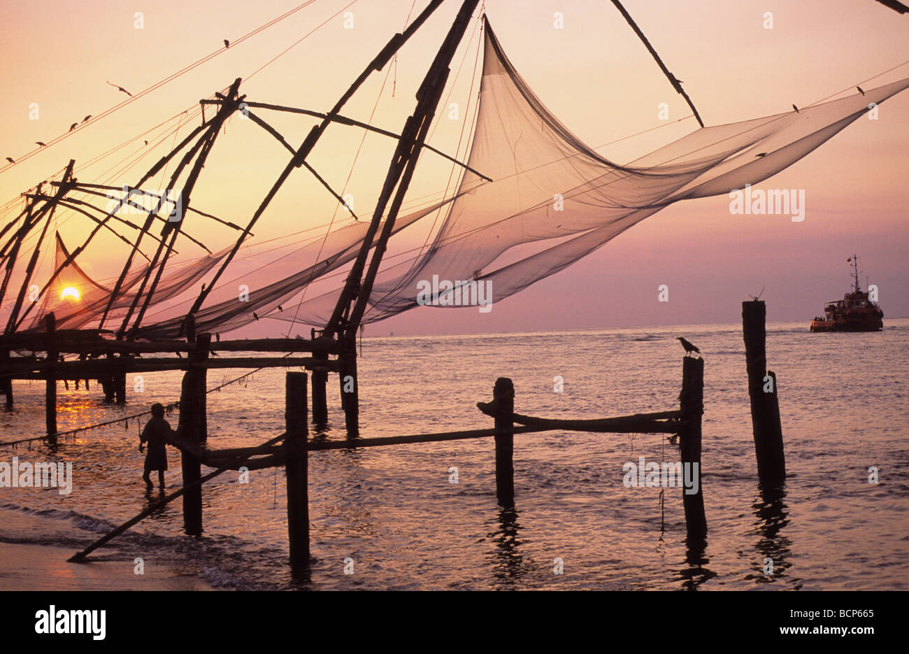 Cinese al tramonto le reti da pesca Fort Cochin India Kerala Foto Stock