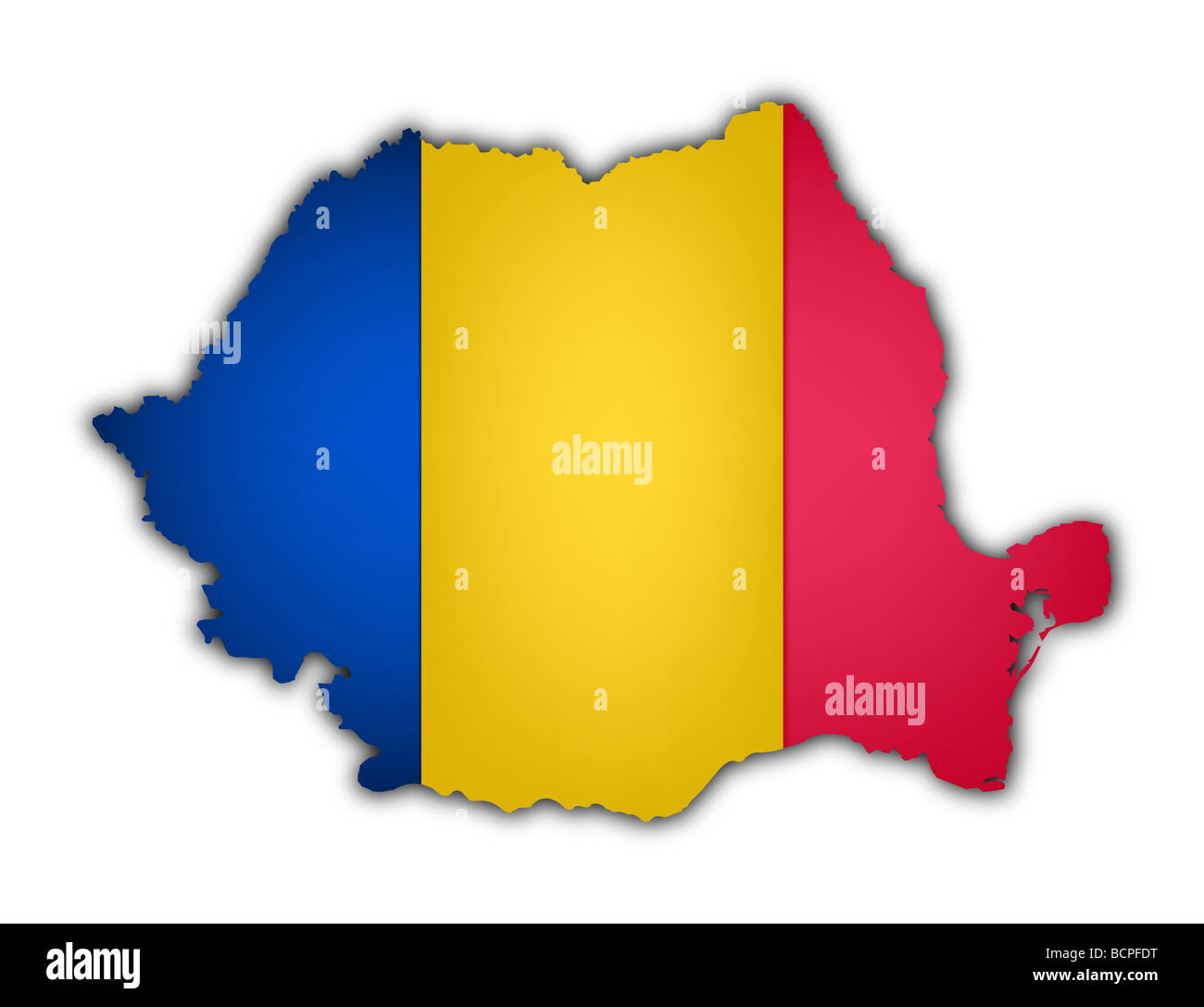 Bandiera e la mappa di Romania su sfondo bianco Foto Stock