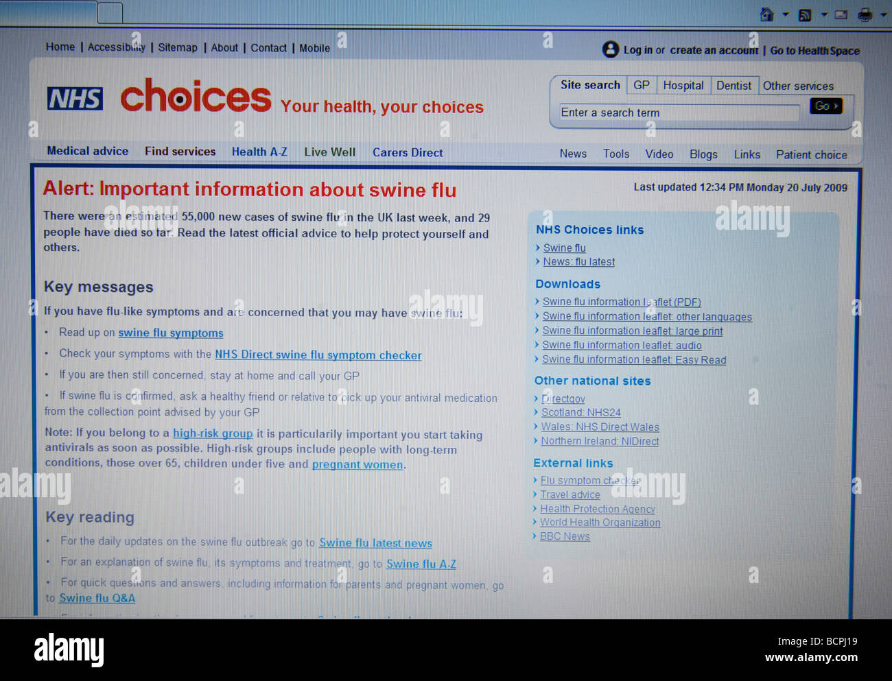 NHS Direct sito web con consigli sulla peste aviaria H1N1 Foto Stock
