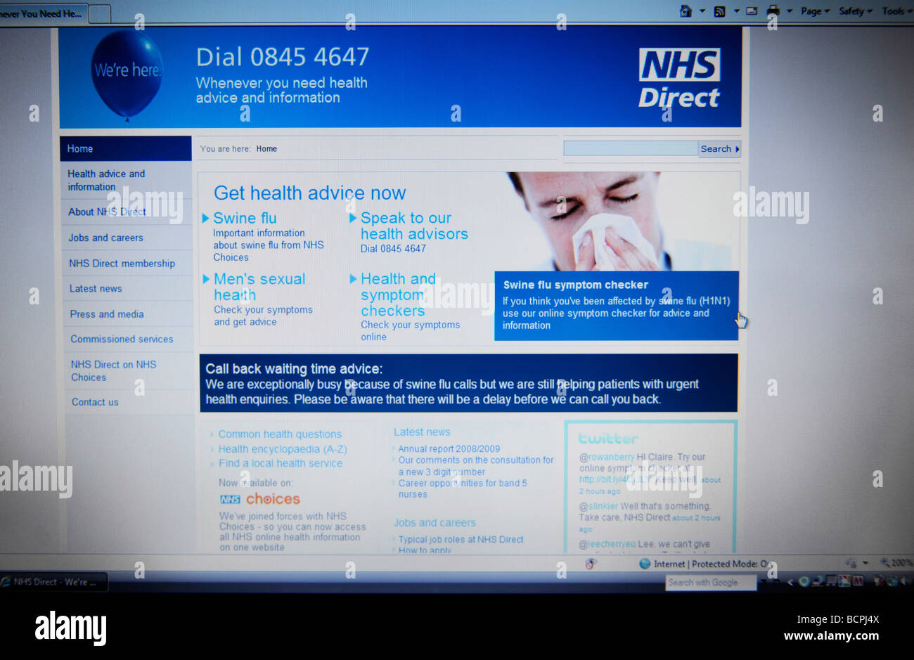 NHS Direct sito web con consigli sulla peste aviaria H1N1 Foto Stock