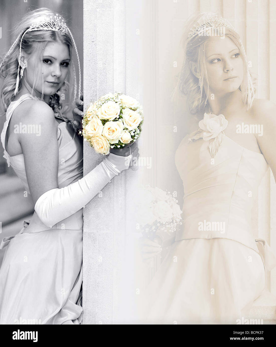 Mezzo corpo montage della giovane e bella sposa azienda bouquet di fiori Foto Stock