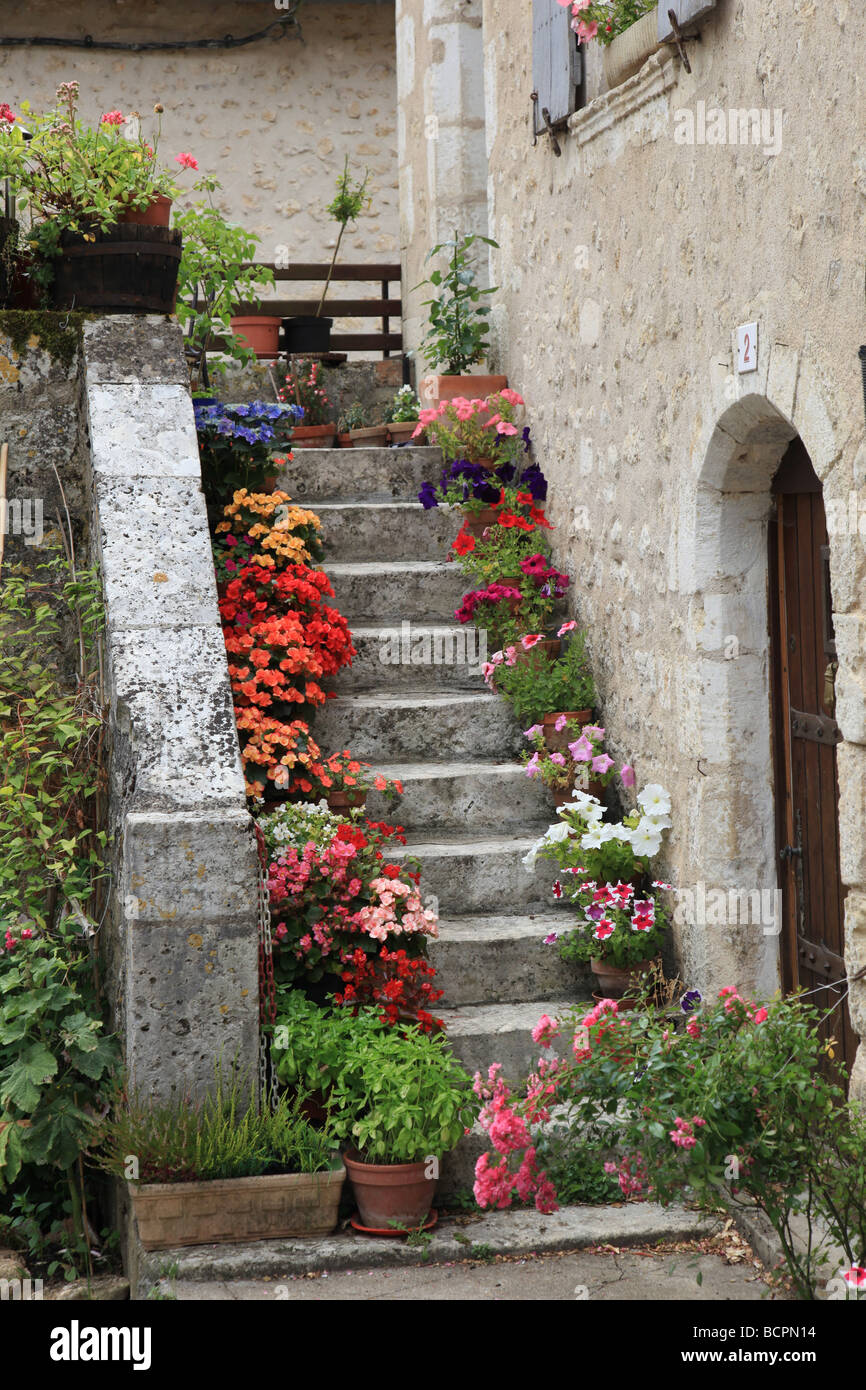 Bella casa in angoli sur l'Anglin con vasi di gerani che conduce fino a porta Foto Stock