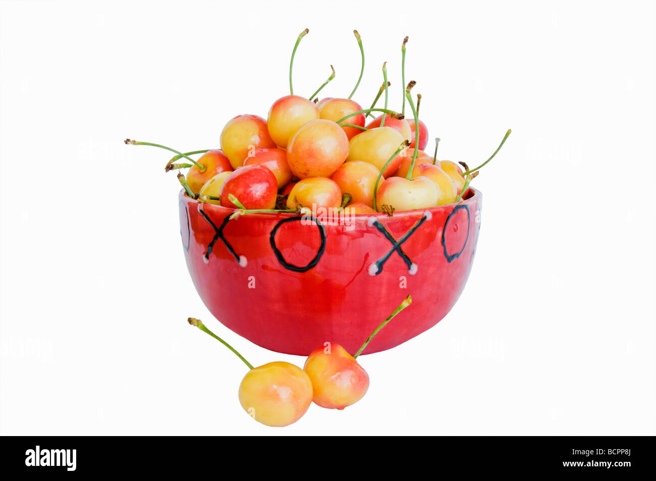 Un recipiente rosso è riempito con una deliziosa super dolce ciliegie Rainier. Foto Stock