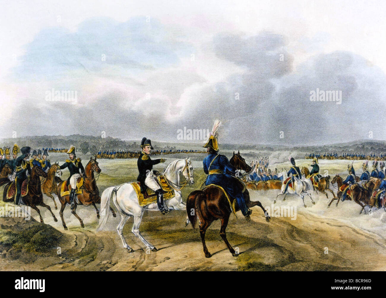 Napoleone reconnoiters la riva destra del fiume Dvina il 24 luglio 1812 durante la sua invasione della Russia. Incisione di Albrecht Adam Foto Stock