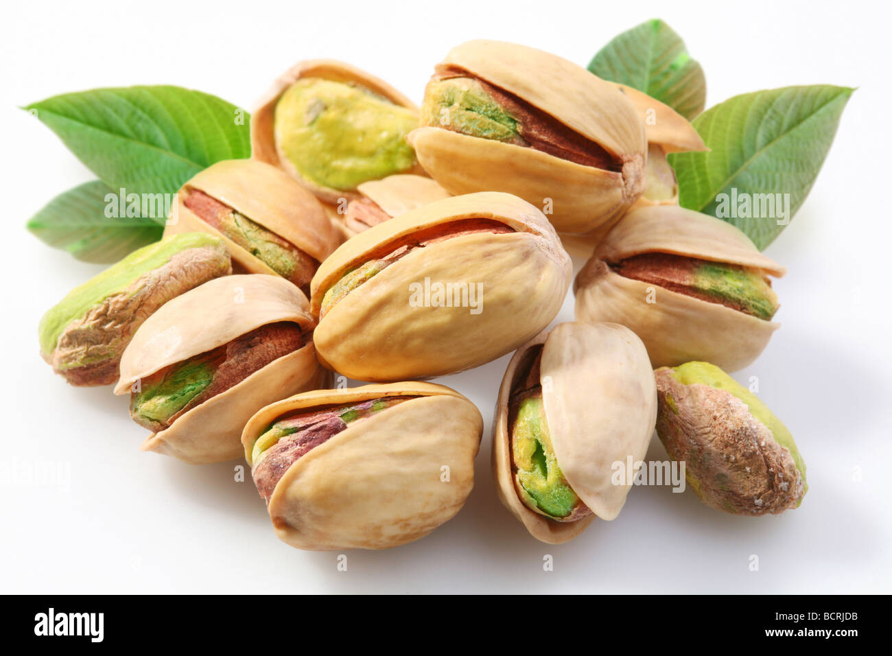 Pistacchi su sfondo bianco Foto Stock