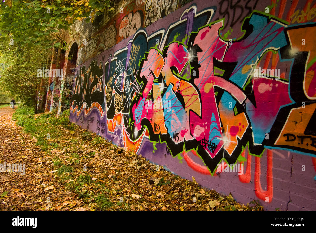 Ione di graffiti in disuso la linea ferroviaria in autunno con avvicinamento ciclista Foto Stock
