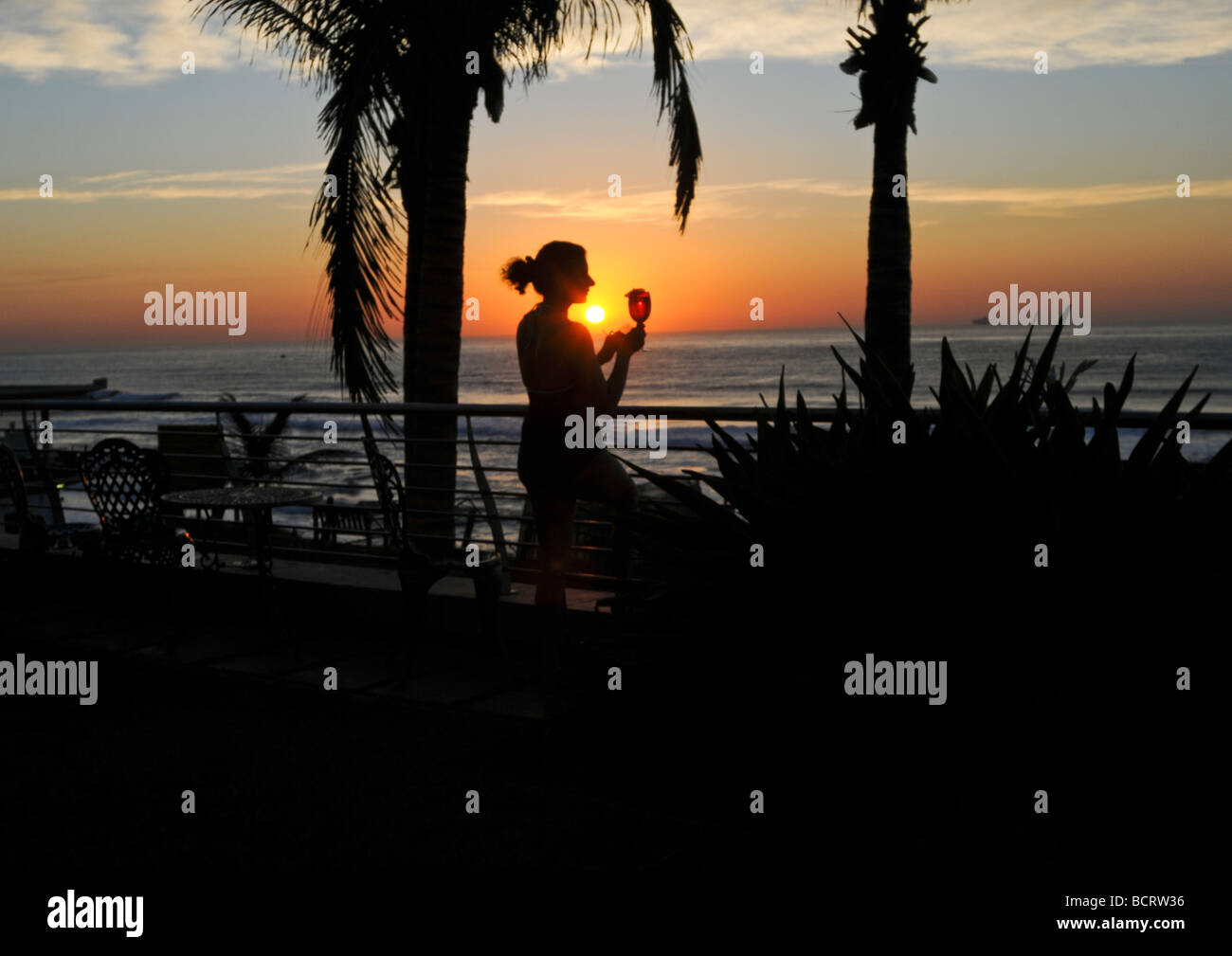 Squisito il tramonto sopra l'orizzonte oltre il mare con silhouette di palme da cocco e da una femmina di vetro di contenimento della bevanda in veranda giardino. Foto Stock