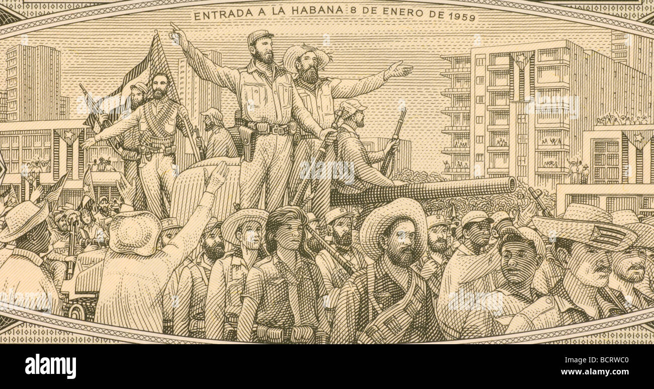 Fidel Castro con soldati ribelli immettendo l Avana nel 1959 su 1 Peso 1986 banconota da Cuba Foto Stock