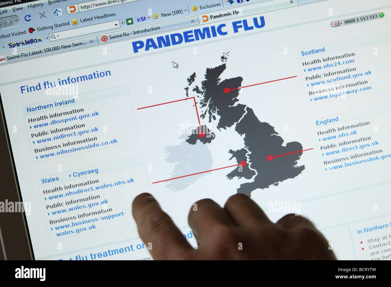 Influenza suina H1N1 il governo britannico di pandemia influenzale informazioni sito è andato in diretta su 24.7.09 screenshot Foto Stock