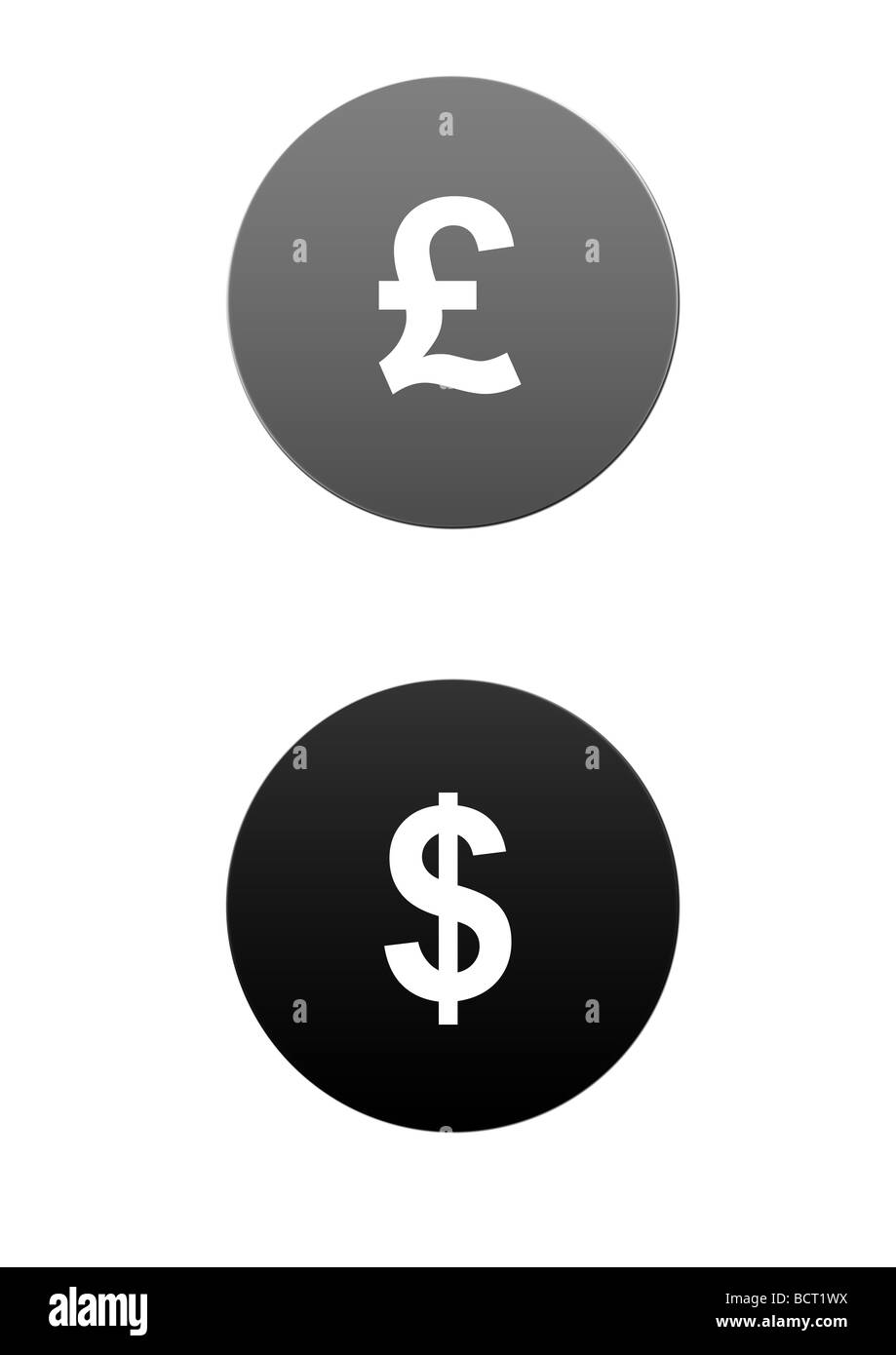 Due round del dollaro e sterlina moneta segno pulsanti isolati su sfondo bianco Foto Stock