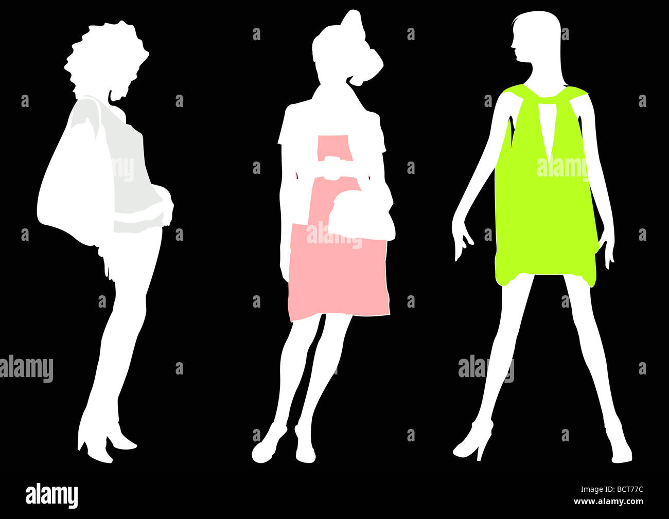 Tre bianchi silhouette donna in abiti colorati Foto Stock