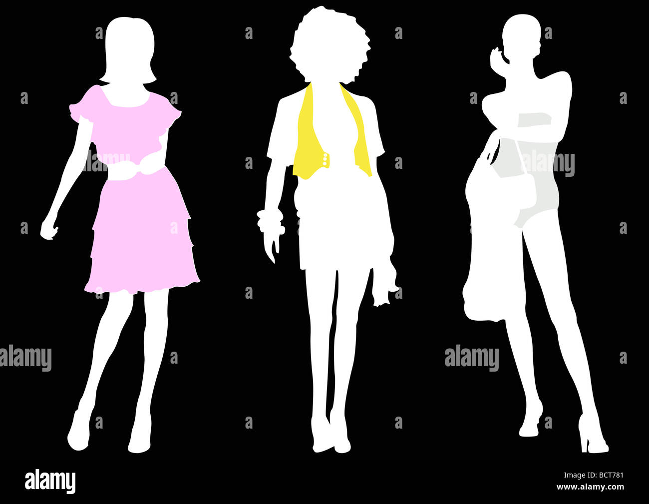 Tre bianchi silhouette donna in abiti colorati Foto Stock
