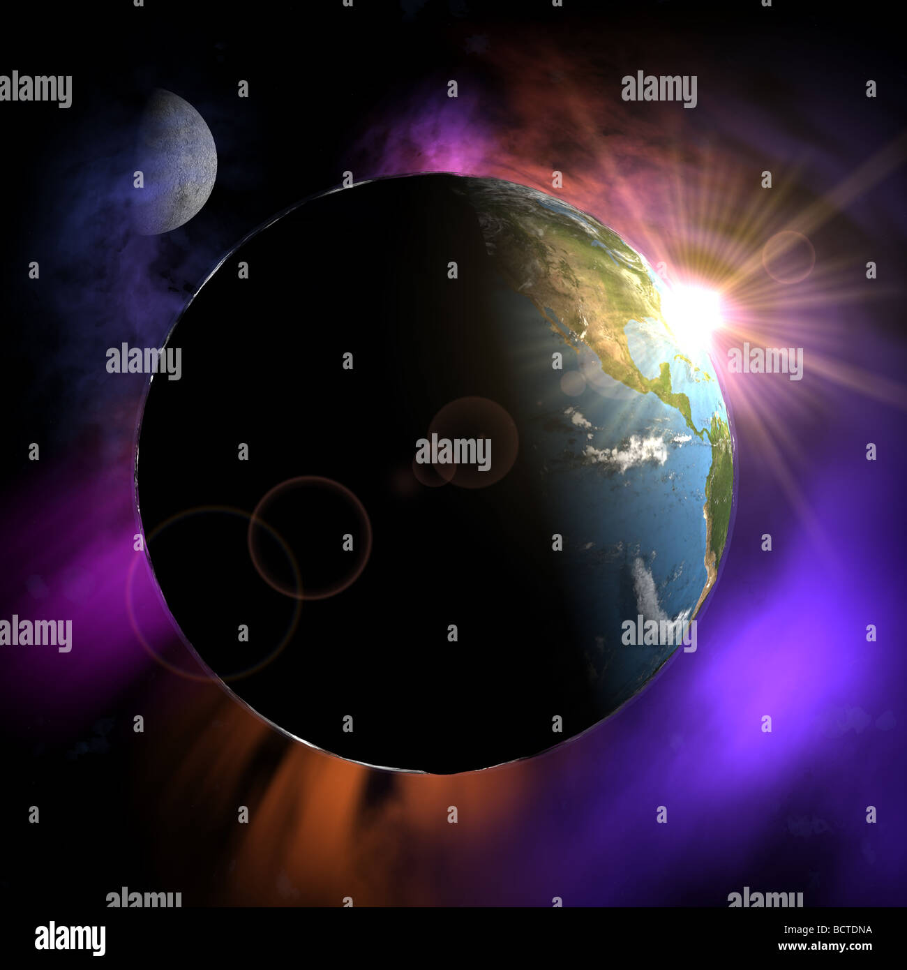 Una vista della Terra dallo spazio con il sole a picco appena da dietro di essa e la Luna in alto a sinistra. Nord America è luminoso. Foto Stock